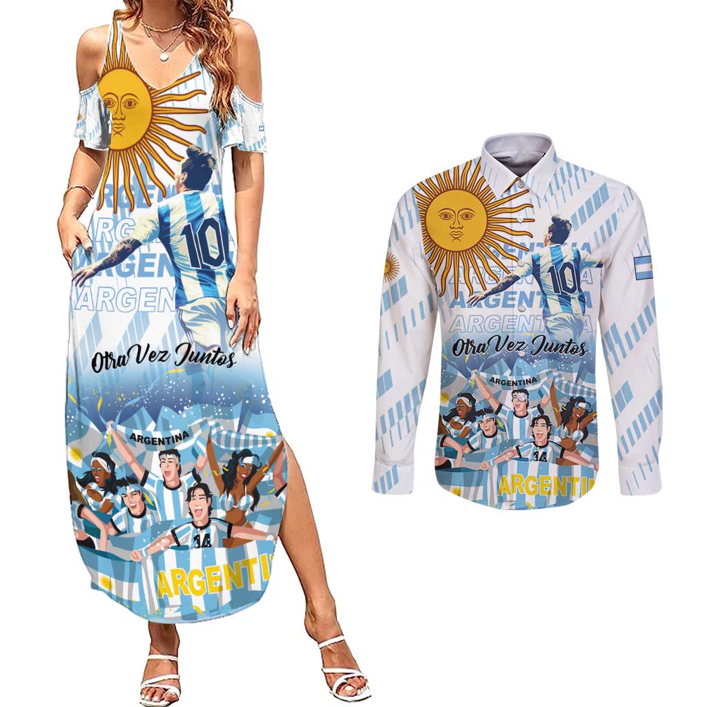 Argentina 2024 Football Champions Couples Matching Summer Maxi Dress and Long Sleeve Button Shirt Vamos La Seleccion Otra Vez Juntos - Wonder Print Shop