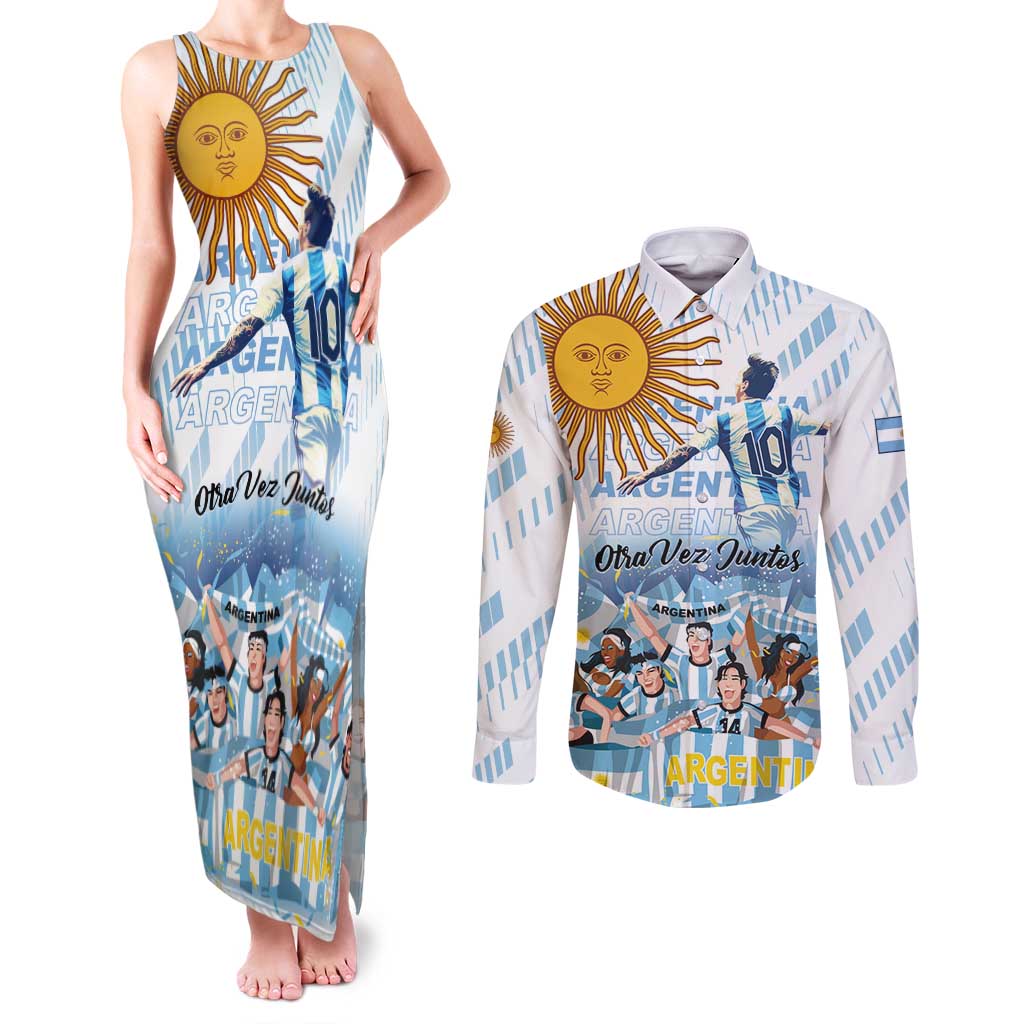 Argentina 2024 Football Champions Couples Matching Tank Maxi Dress and Long Sleeve Button Shirt Vamos La Seleccion Otra Vez Juntos - Wonder Print Shop