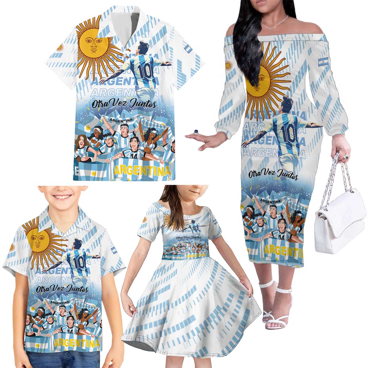 Argentina 2024 Football Champions Family Matching Off The Shoulder Long Sleeve Dress and Hawaiian Shirt Vamos La Seleccion Otra Vez Juntos - Wonder Print Shop
