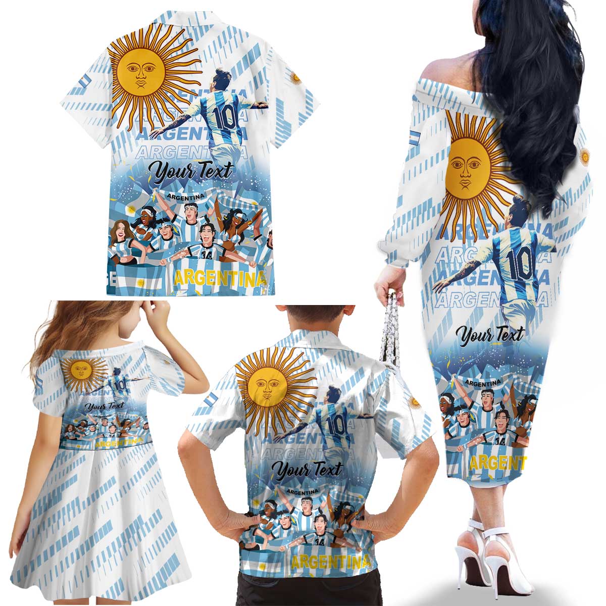Argentina 2024 Football Champions Family Matching Off The Shoulder Long Sleeve Dress and Hawaiian Shirt Vamos La Seleccion Otra Vez Juntos - Wonder Print Shop