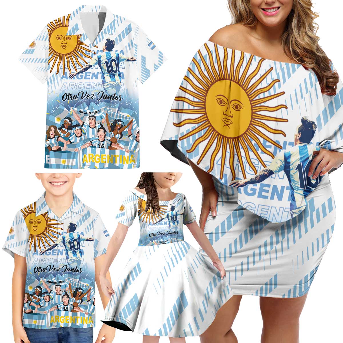 Argentina 2024 Football Champions Family Matching Off Shoulder Short Dress and Hawaiian Shirt Vamos La Seleccion Otra Vez Juntos - Wonder Print Shop
