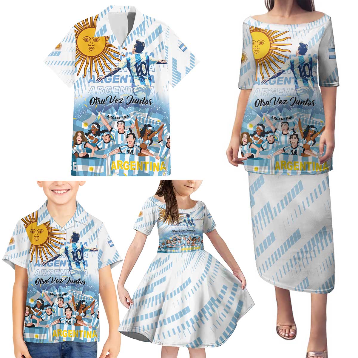 Argentina 2024 Football Champions Family Matching Puletasi and Hawaiian Shirt Vamos La Seleccion Otra Vez Juntos - Wonder Print Shop