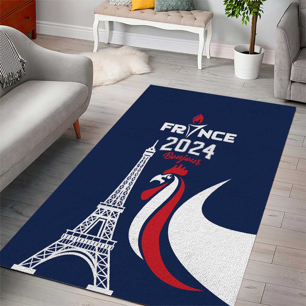 France 2024 Bonjour Area Rug Eiffel Tower Gallic Rooster - Wonder Print Shop