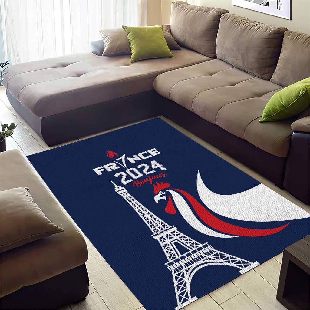France 2024 Bonjour Area Rug Eiffel Tower Gallic Rooster - Wonder Print Shop