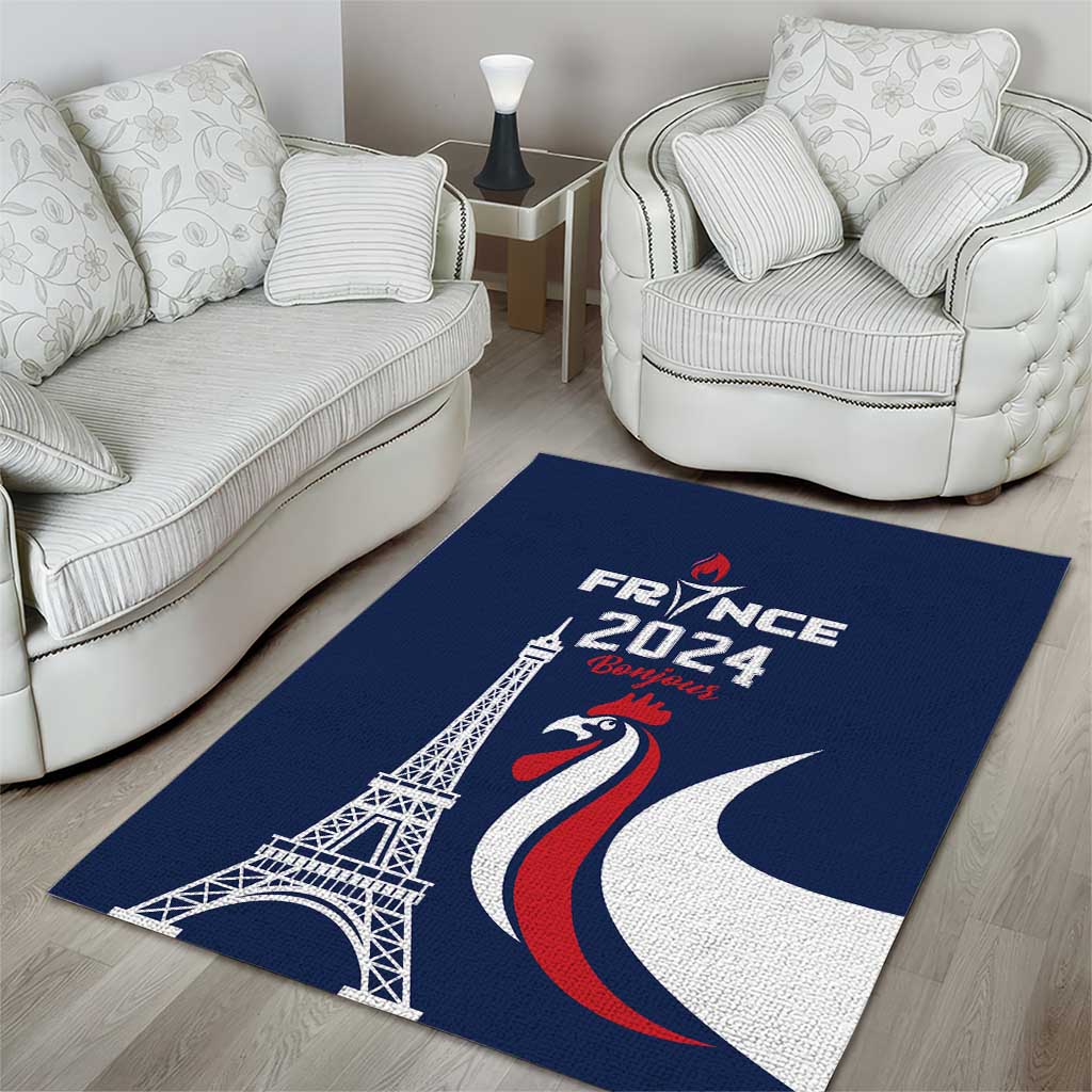 France 2024 Bonjour Area Rug Eiffel Tower Gallic Rooster - Wonder Print Shop