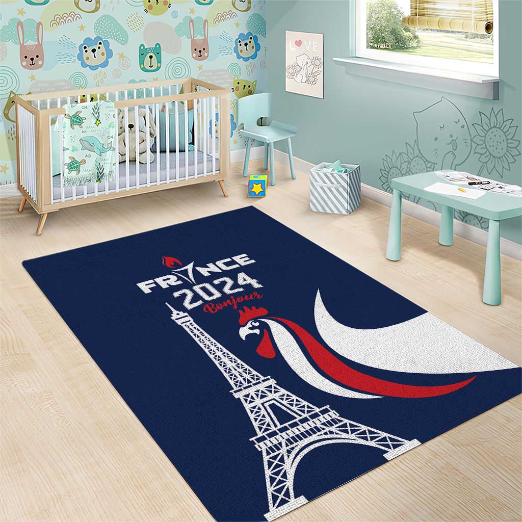 France 2024 Bonjour Area Rug Eiffel Tower Gallic Rooster - Wonder Print Shop