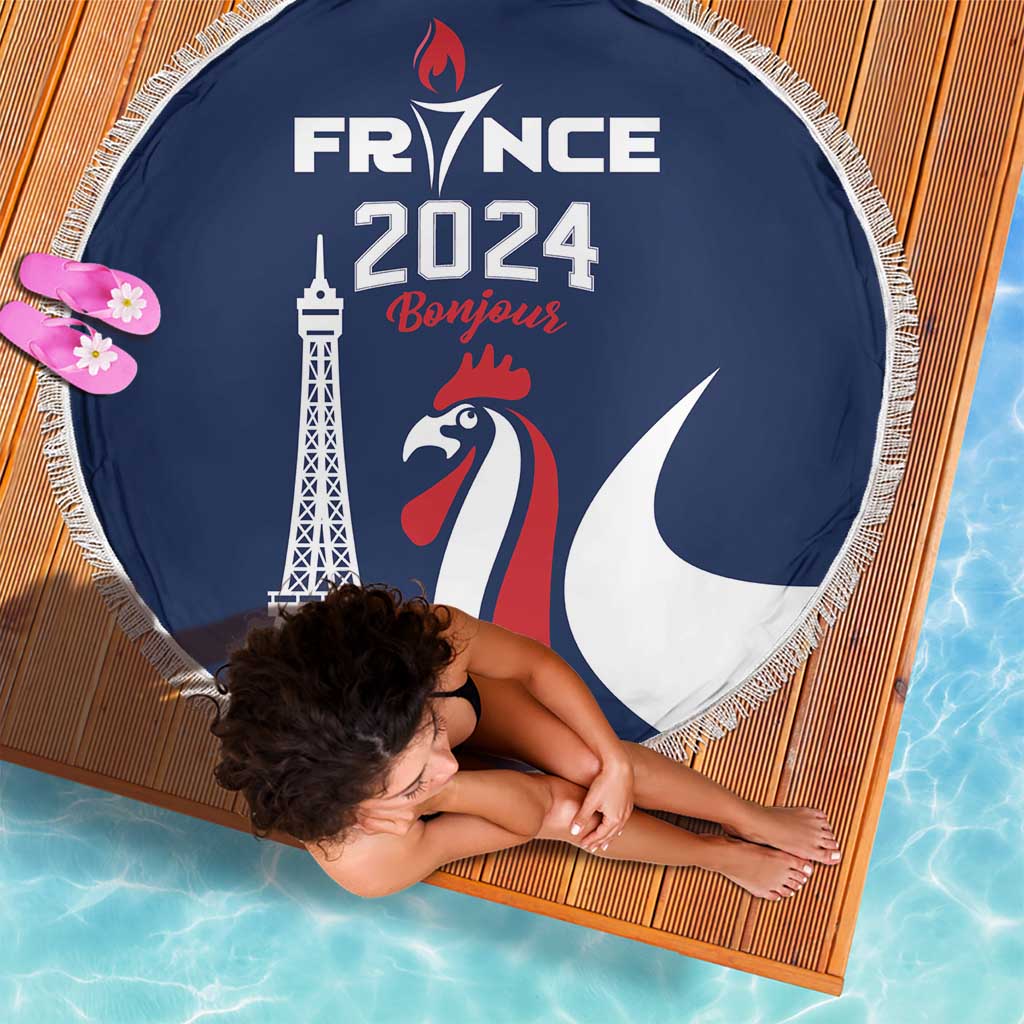 France 2024 Bonjour Beach Blanket Eiffel Tower Gallic Rooster - Wonder Print Shop