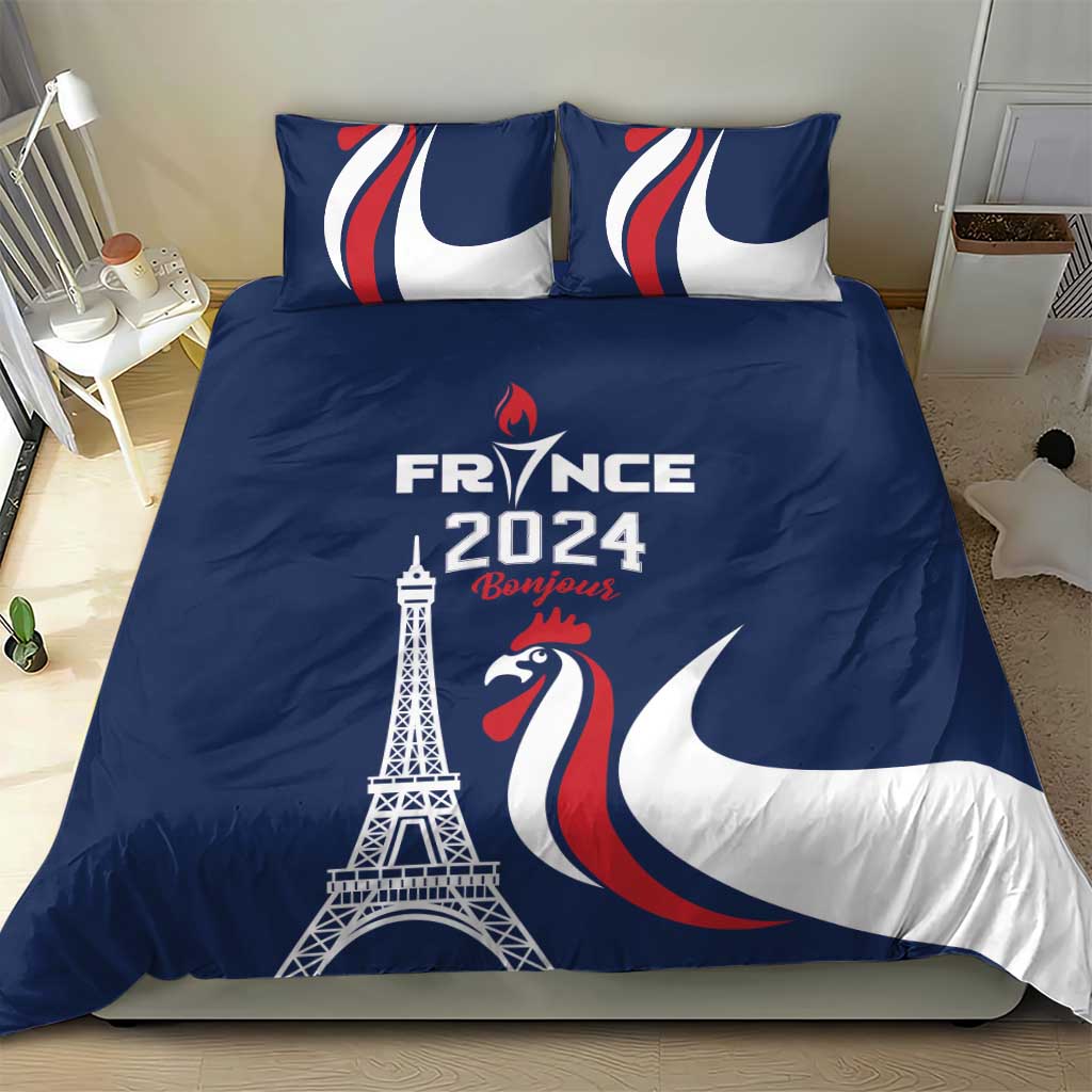 France 2024 Bonjour Bedding Set Eiffel Tower Gallic Rooster - Wonder Print Shop