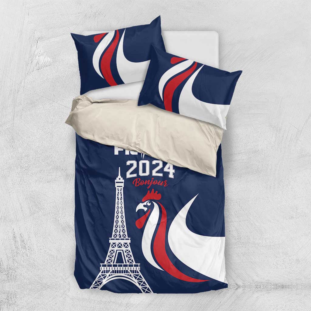 France 2024 Bonjour Bedding Set Eiffel Tower Gallic Rooster - Wonder Print Shop