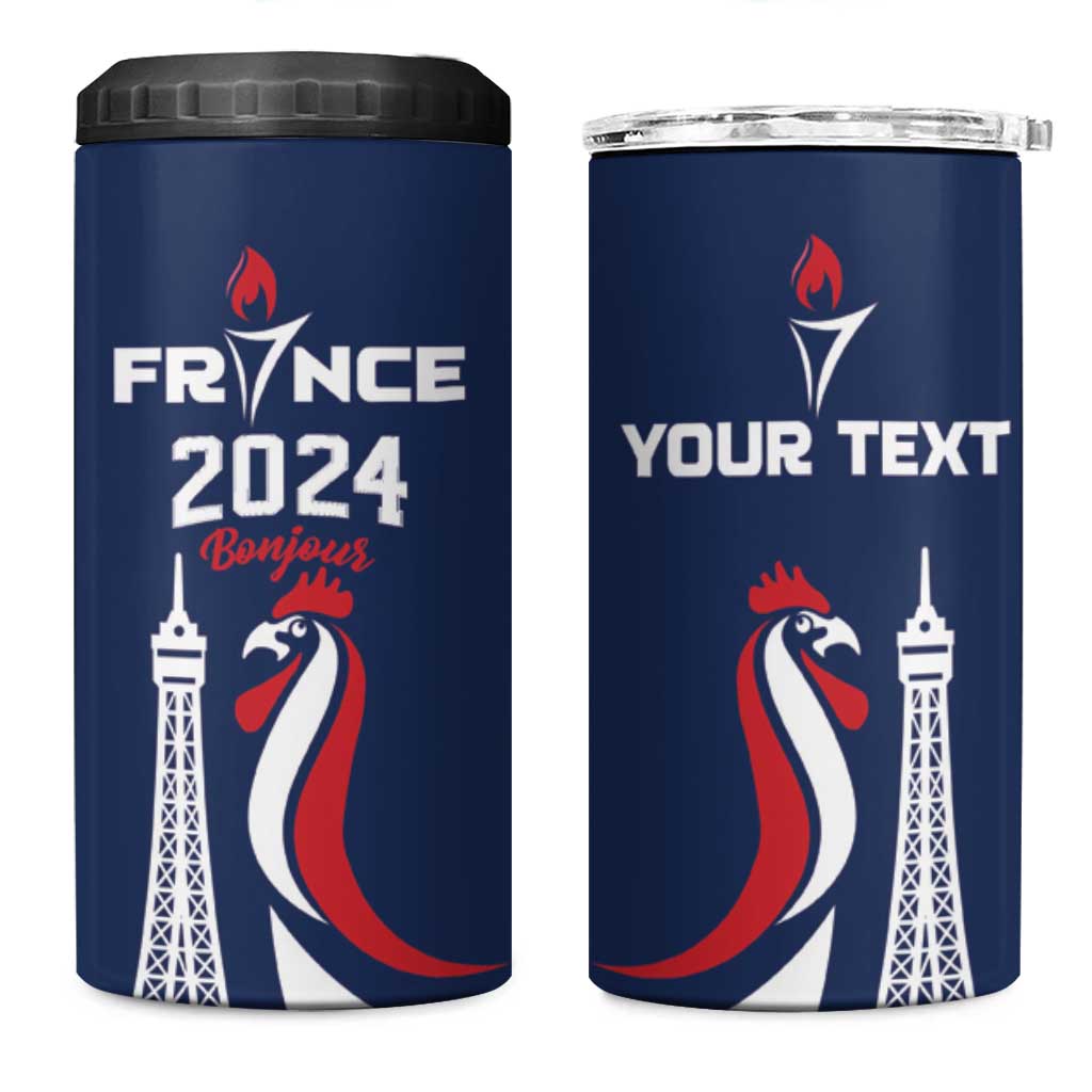 Personalized France 2024 Bonjour 4 in 1 Can Cooler Tumbler Eiffel Tower Gallic Rooster - Wonder Print Shop