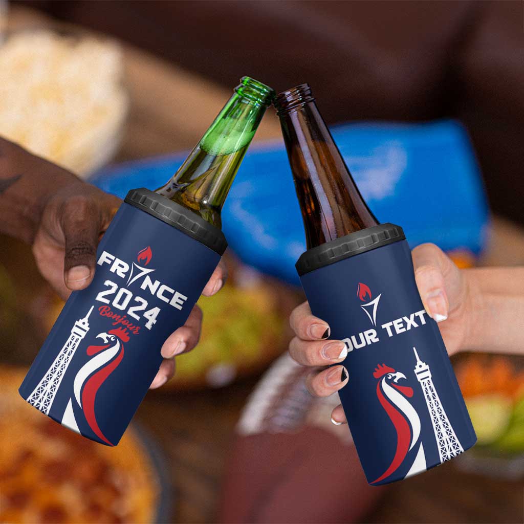 Personalized France 2024 Bonjour 4 in 1 Can Cooler Tumbler Eiffel Tower Gallic Rooster - Wonder Print Shop