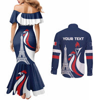 Personalized France 2024 Bonjour Couples Matching Mermaid Dress and Long Sleeve Button Shirt Eiffel Tower Gallic Rooster