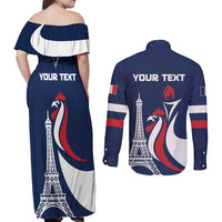 Personalized France 2024 Bonjour Couples Matching Off Shoulder Maxi Dress and Long Sleeve Button Shirt Eiffel Tower Gallic Rooster - Wonder Print Shop