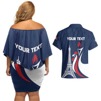 Personalized France 2024 Bonjour Couples Matching Off Shoulder Short Dress and Hawaiian Shirt Eiffel Tower Gallic Rooster - Wonder Print Shop