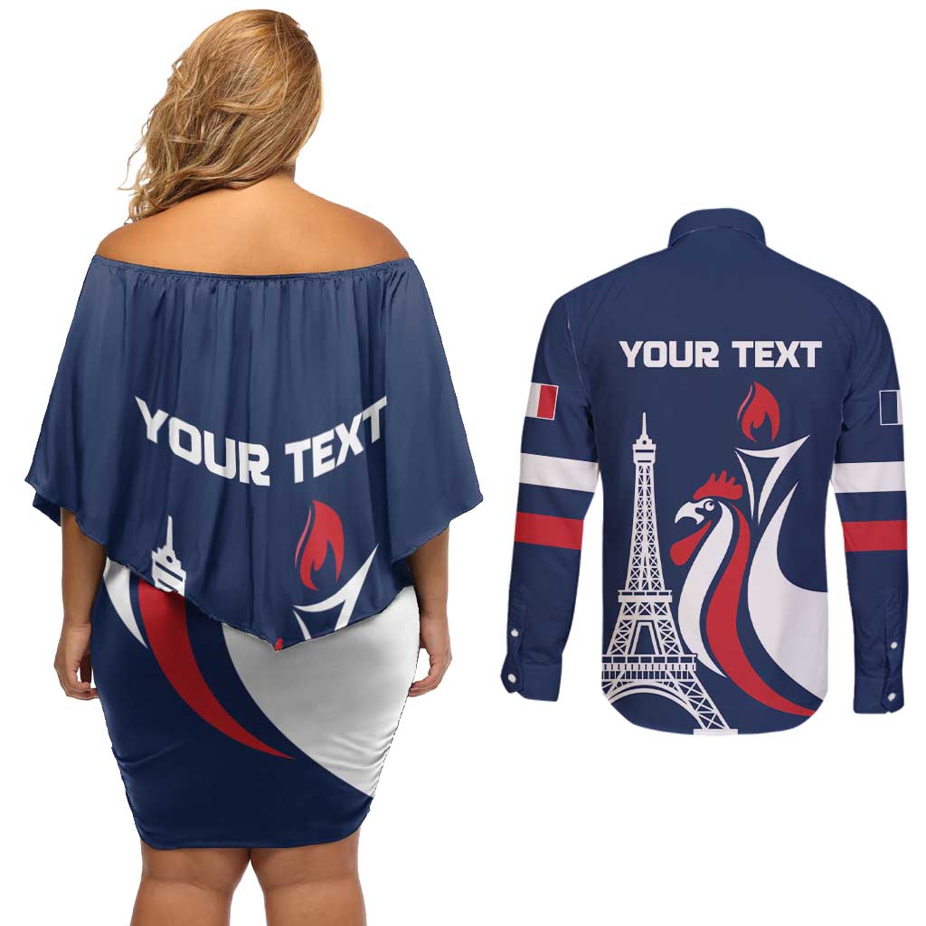 Personalized France 2024 Bonjour Couples Matching Off Shoulder Short Dress and Long Sleeve Button Shirt Eiffel Tower Gallic Rooster - Wonder Print Shop