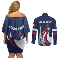 Personalized France 2024 Bonjour Couples Matching Off Shoulder Short Dress and Long Sleeve Button Shirt Eiffel Tower Gallic Rooster - Wonder Print Shop