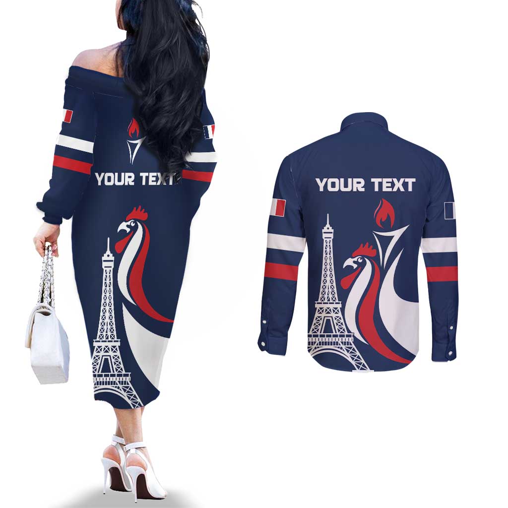 Personalized France 2024 Bonjour Couples Matching Off The Shoulder Long Sleeve Dress and Long Sleeve Button Shirt Eiffel Tower Gallic Rooster