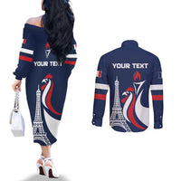 Personalized France 2024 Bonjour Couples Matching Off The Shoulder Long Sleeve Dress and Long Sleeve Button Shirt Eiffel Tower Gallic Rooster