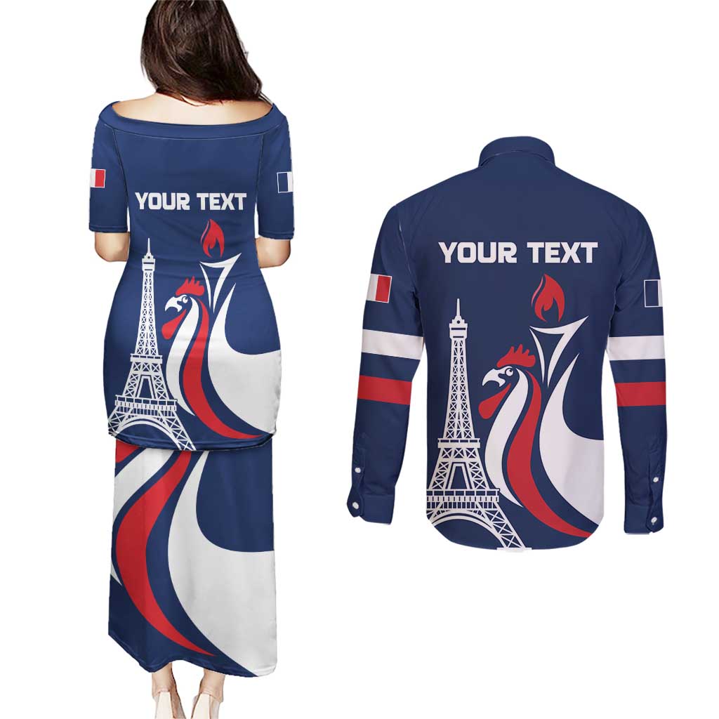 Personalized France 2024 Bonjour Couples Matching Puletasi and Long Sleeve Button Shirt Eiffel Tower Gallic Rooster - Wonder Print Shop