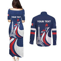 Personalized France 2024 Bonjour Couples Matching Puletasi and Long Sleeve Button Shirt Eiffel Tower Gallic Rooster - Wonder Print Shop