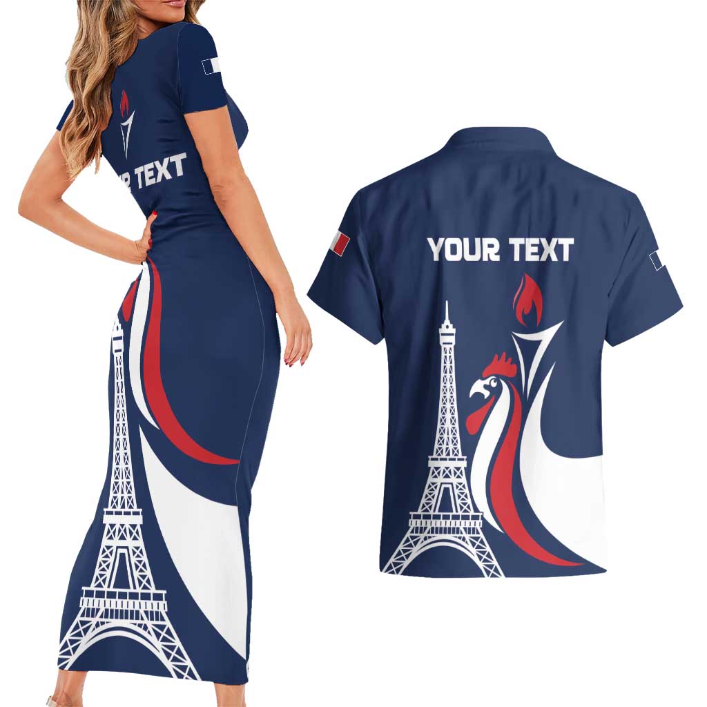 Personalized France 2024 Bonjour Couples Matching Short Sleeve Bodycon Dress and Hawaiian Shirt Eiffel Tower Gallic Rooster - Wonder Print Shop