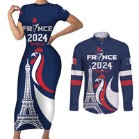 Personalized France 2024 Bonjour Couples Matching Short Sleeve Bodycon Dress and Long Sleeve Button Shirt Eiffel Tower Gallic Rooster - Wonder Print Shop