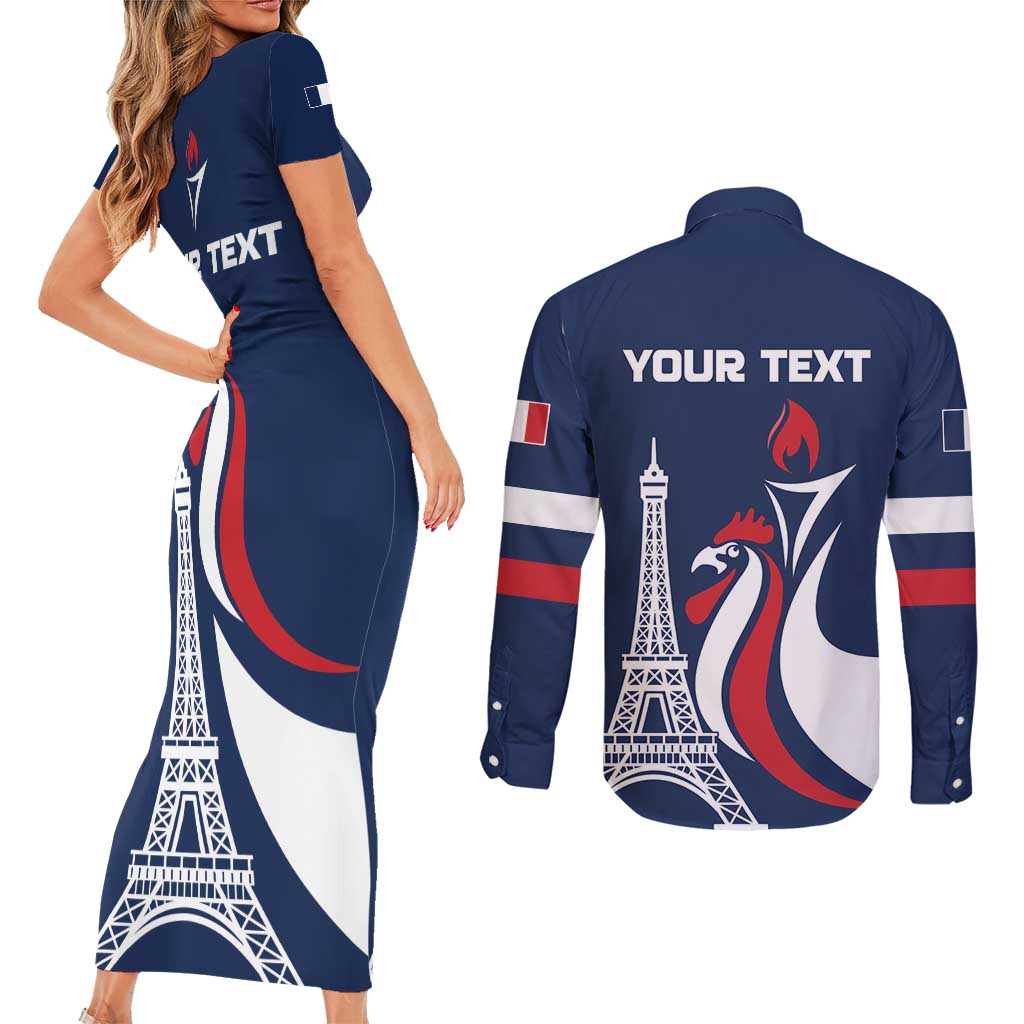 Personalized France 2024 Bonjour Couples Matching Short Sleeve Bodycon Dress and Long Sleeve Button Shirt Eiffel Tower Gallic Rooster - Wonder Print Shop