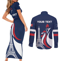 Personalized France 2024 Bonjour Couples Matching Short Sleeve Bodycon Dress and Long Sleeve Button Shirt Eiffel Tower Gallic Rooster - Wonder Print Shop