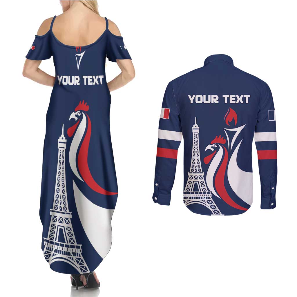 Personalized France 2024 Bonjour Couples Matching Summer Maxi Dress and Long Sleeve Button Shirt Eiffel Tower Gallic Rooster - Wonder Print Shop