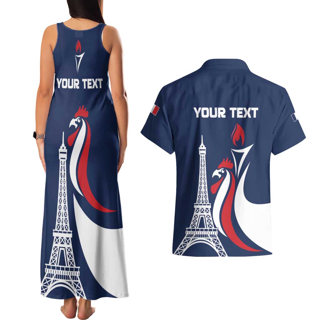Personalized France 2024 Bonjour Couples Matching Tank Maxi Dress and Hawaiian Shirt Eiffel Tower Gallic Rooster - Wonder Print Shop