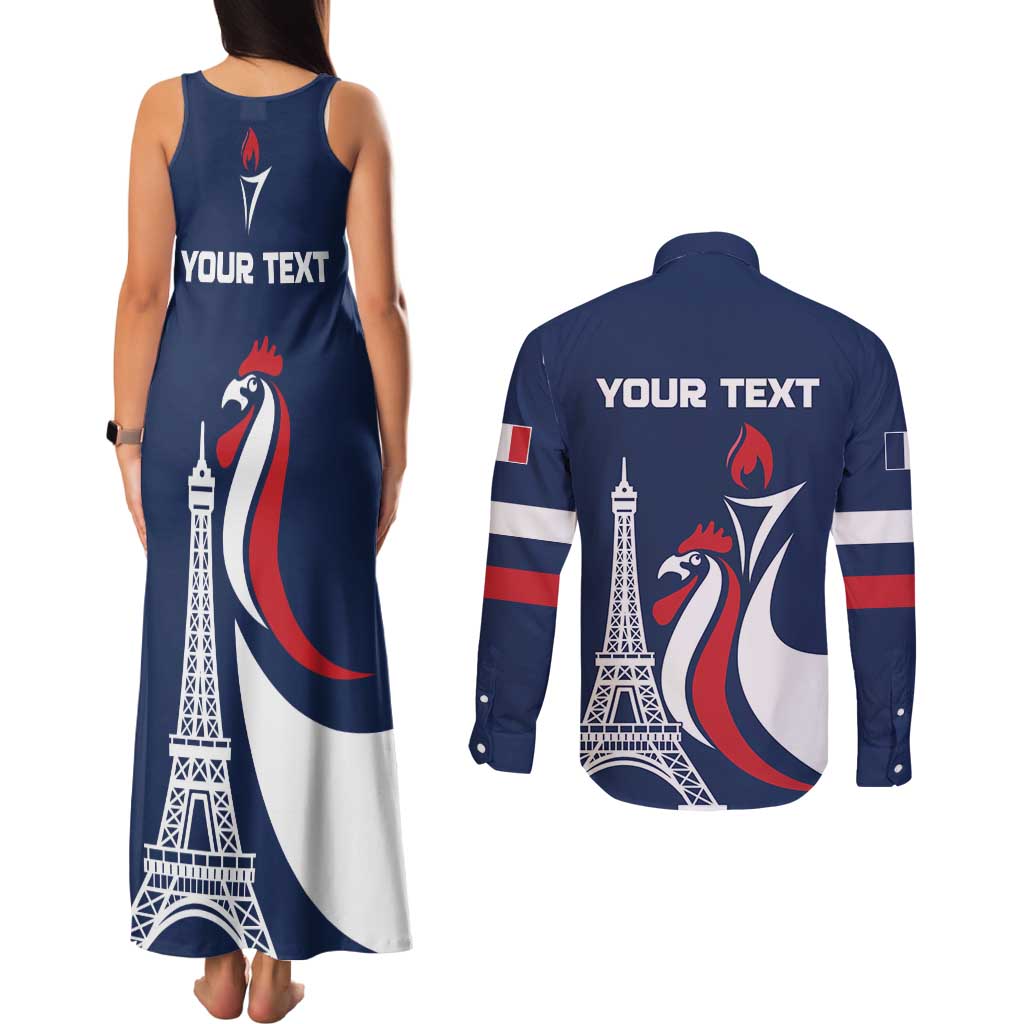 Personalized France 2024 Bonjour Couples Matching Tank Maxi Dress and Long Sleeve Button Shirt Eiffel Tower Gallic Rooster - Wonder Print Shop