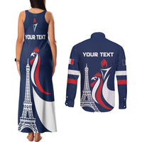 Personalized France 2024 Bonjour Couples Matching Tank Maxi Dress and Long Sleeve Button Shirt Eiffel Tower Gallic Rooster - Wonder Print Shop