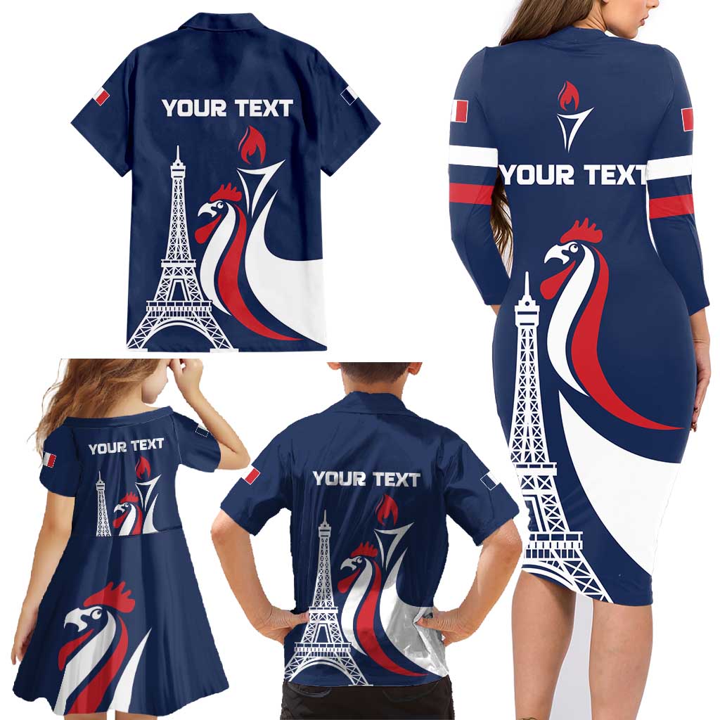 Personalized France 2024 Bonjour Family Matching Long Sleeve Bodycon Dress and Hawaiian Shirt Eiffel Tower Gallic Rooster - Wonder Print Shop