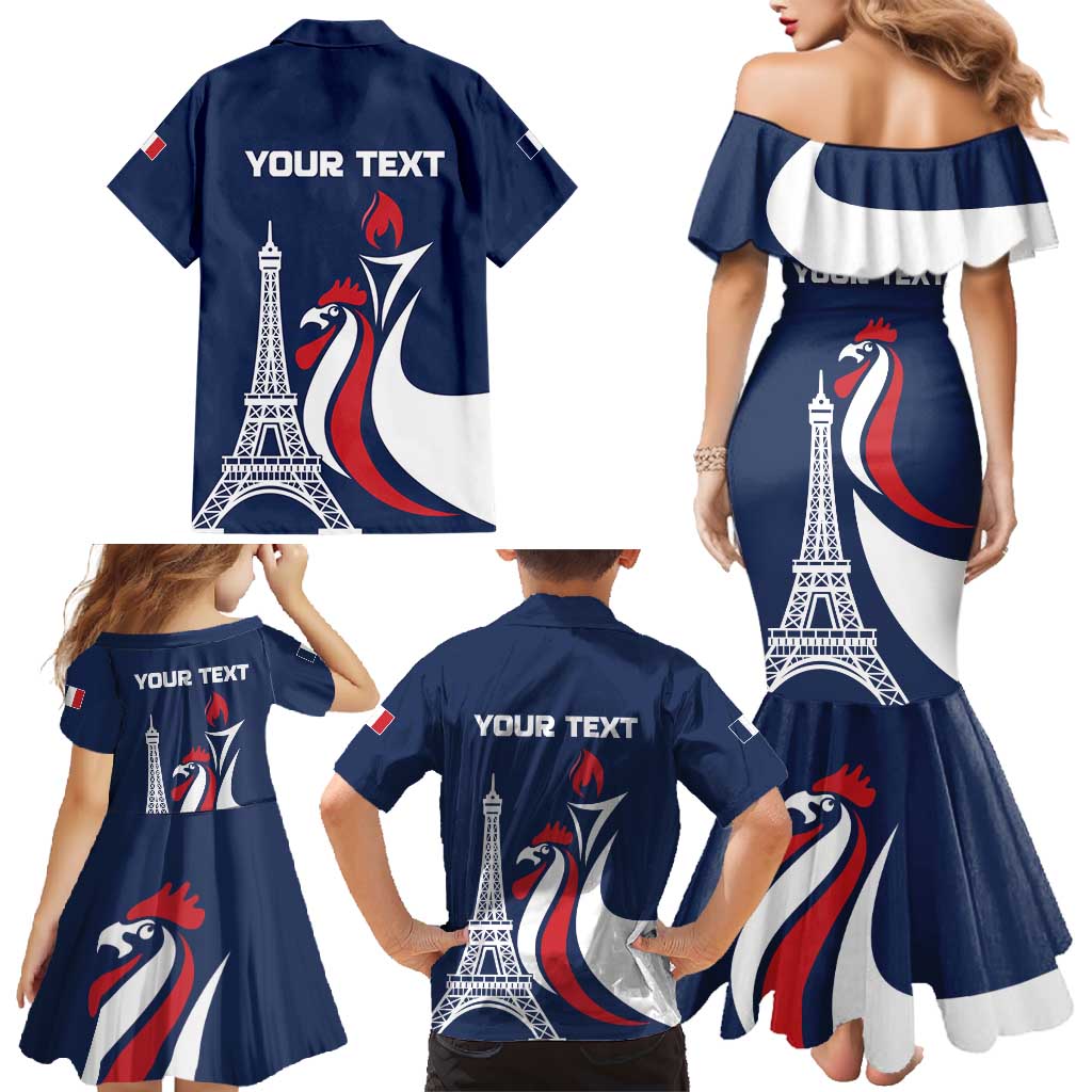 Personalized France 2024 Bonjour Family Matching Mermaid Dress and Hawaiian Shirt Eiffel Tower Gallic Rooster - Wonder Print Shop