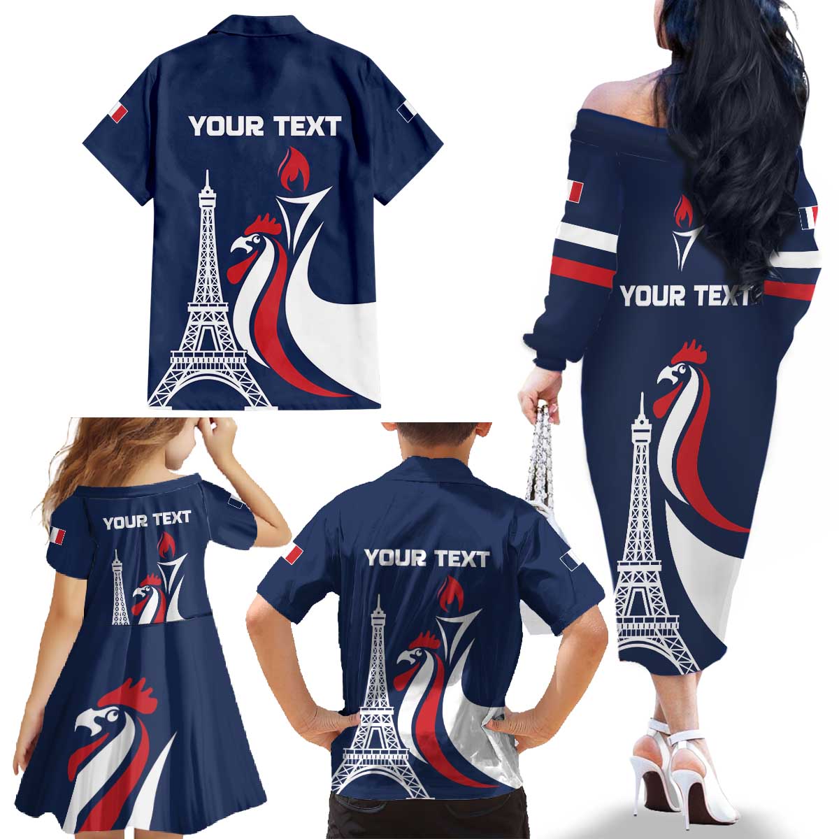 Personalized France 2024 Bonjour Family Matching Off The Shoulder Long Sleeve Dress and Hawaiian Shirt Eiffel Tower Gallic Rooster - Wonder Print Shop