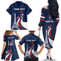 Personalized France 2024 Bonjour Family Matching Off The Shoulder Long Sleeve Dress and Hawaiian Shirt Eiffel Tower Gallic Rooster - Wonder Print Shop