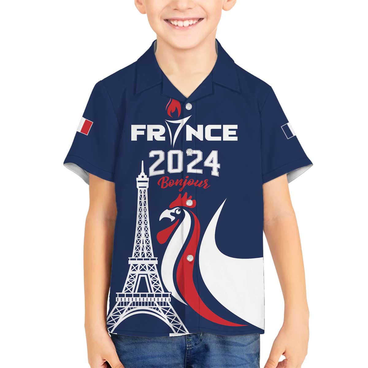 Personalized France 2024 Bonjour Family Matching Off The Shoulder Long Sleeve Dress and Hawaiian Shirt Eiffel Tower Gallic Rooster - Wonder Print Shop