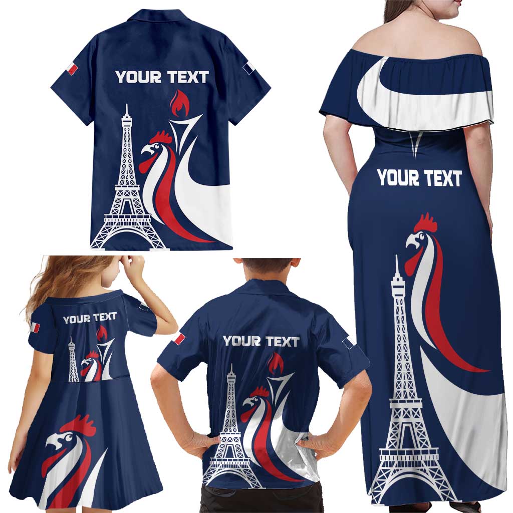 Personalized France 2024 Bonjour Family Matching Off Shoulder Maxi Dress and Hawaiian Shirt Eiffel Tower Gallic Rooster - Wonder Print Shop
