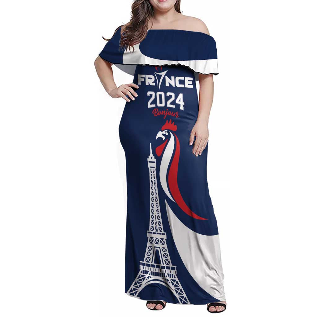 Personalized France 2024 Bonjour Family Matching Off Shoulder Maxi Dress and Hawaiian Shirt Eiffel Tower Gallic Rooster - Wonder Print Shop
