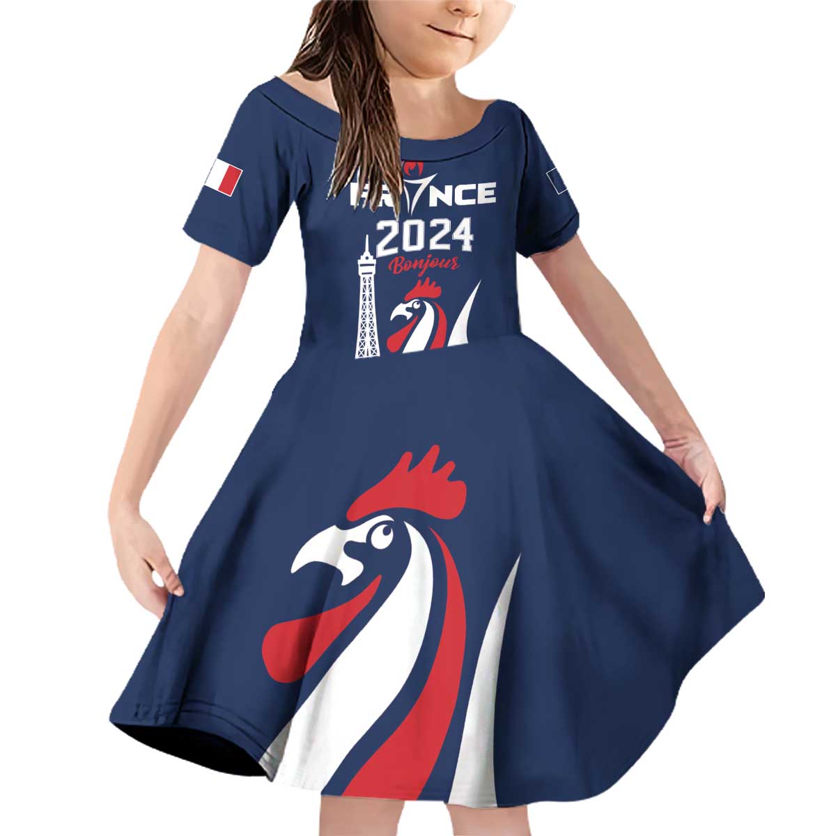 Personalized France 2024 Bonjour Family Matching Off Shoulder Short Dress and Hawaiian Shirt Eiffel Tower Gallic Rooster - Wonder Print Shop