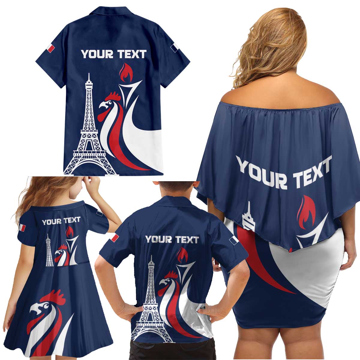 Personalized France 2024 Bonjour Family Matching Off Shoulder Short Dress and Hawaiian Shirt Eiffel Tower Gallic Rooster - Wonder Print Shop