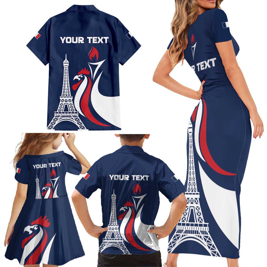 Personalized France 2024 Bonjour Family Matching Short Sleeve Bodycon Dress and Hawaiian Shirt Eiffel Tower Gallic Rooster - Wonder Print Shop