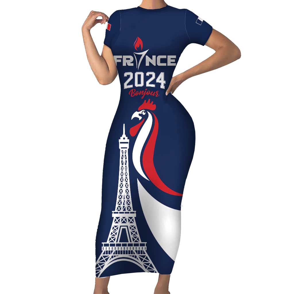 Personalized France 2024 Bonjour Family Matching Short Sleeve Bodycon Dress and Hawaiian Shirt Eiffel Tower Gallic Rooster - Wonder Print Shop