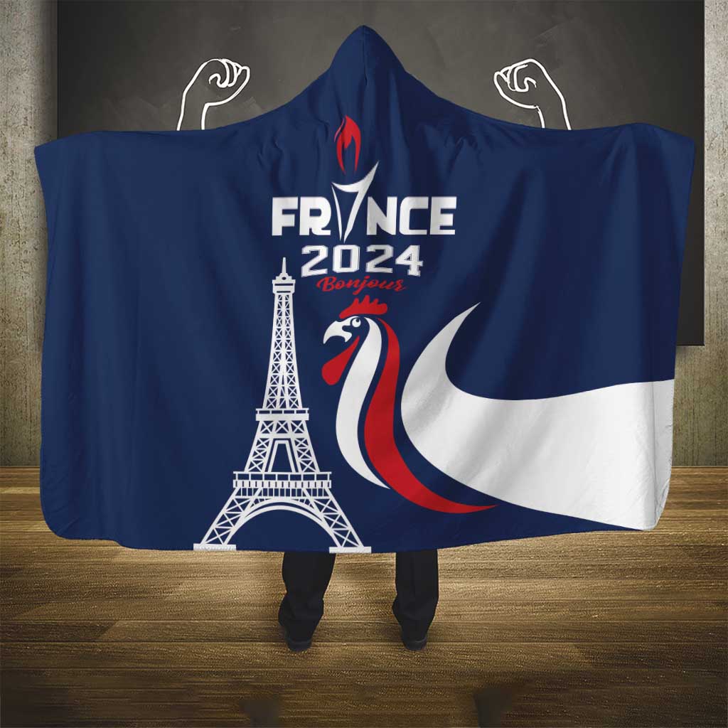 France 2024 Bonjour Hooded Blanket Eiffel Tower Gallic Rooster