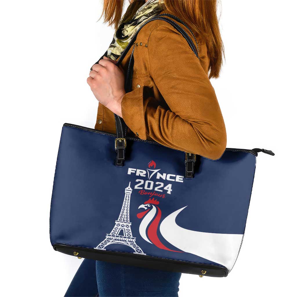 France 2024 Bonjour Leather Tote Bag Eiffel Tower Gallic Rooster - Wonder Print Shop