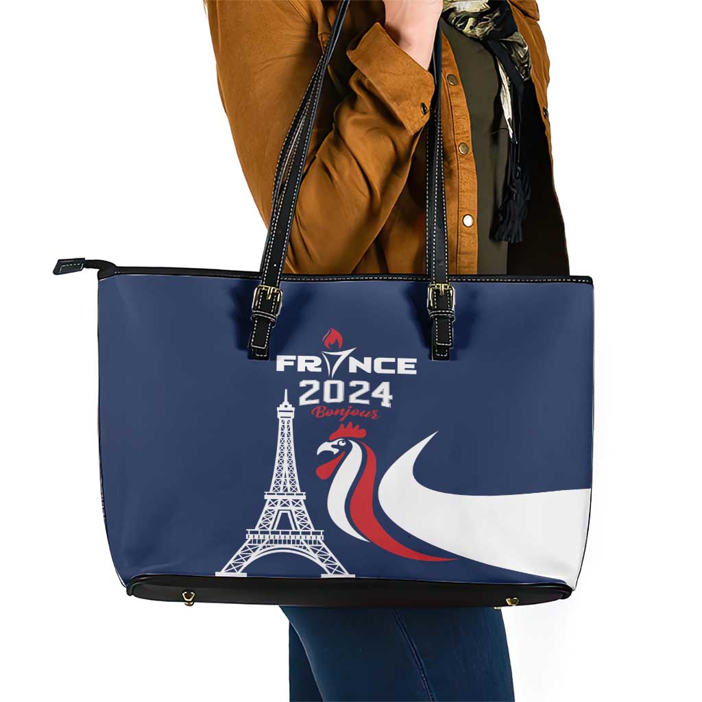 France 2024 Bonjour Leather Tote Bag Eiffel Tower Gallic Rooster - Wonder Print Shop