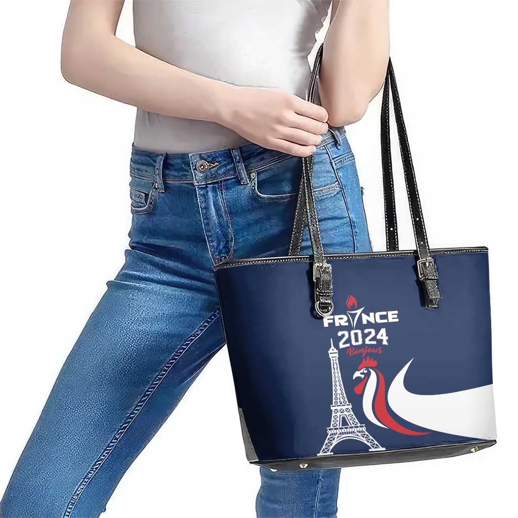 France 2024 Bonjour Leather Tote Bag Eiffel Tower Gallic Rooster - Wonder Print Shop