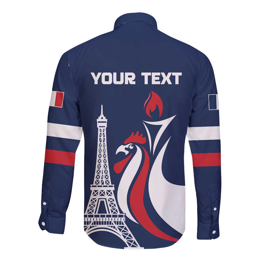 Personalized France 2024 Bonjour Long Sleeve Button Shirt Eiffel Tower Gallic Rooster - Wonder Print Shop