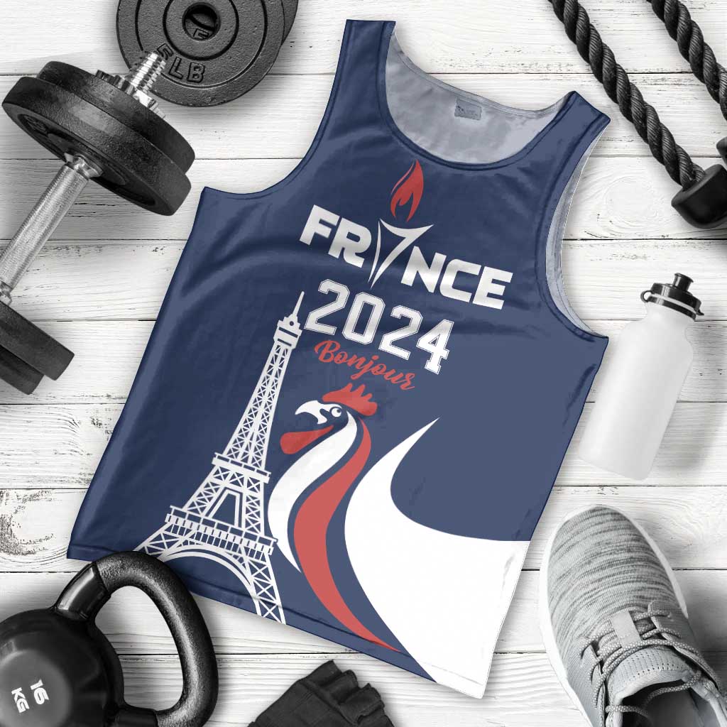 Personalized France 2024 Bonjour Men Tank Top Eiffel Tower Gallic Rooster - Wonder Print Shop
