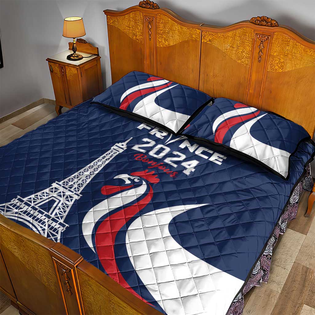 France 2024 Bonjour Quilt Bed Set Eiffel Tower Gallic Rooster - Wonder Print Shop